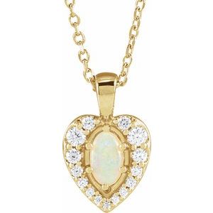 14K Yellow Natural White Opal Cabochon  & 1/8 CTW Natural Diamond 16-18" Necklace  Siddiqui Jewelers
