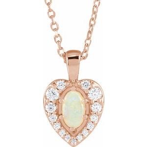 14K Rose Natural White Opal Cabochon  & 1/8 CTW Natural Diamond 16-18" Necklace  Siddiqui Jewelers
