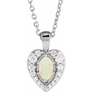 Sterling Silver Natural White Opal Cabochon  & 1/8 CTW Natural Diamond 16-18" Necklace  Siddiqui Jewelers