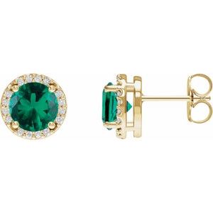 14K Yellow Lab-Grown Emerald & 1/10 CTW Natural Diamond Halo-Style Earrings Siddiqui Jewelers