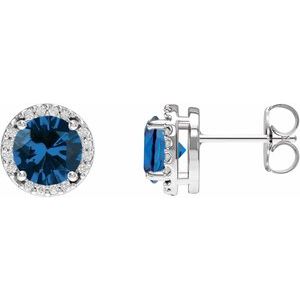 14K White Lab-Grown Blue Sapphire & .05 CTW Natural Diamond Halo-Style Earrings Siddiqui Jewelers