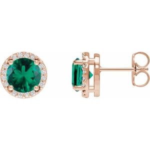 14K Rose Lab-Grown Emerald & .05 CTW Natural Diamond Halo-Style Earrings Siddiqui Jewelers