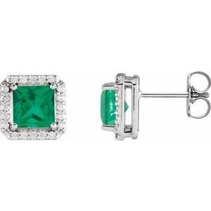 14K White 5x5 mm Lab-Grown Emerald 1/6 CTW Natural Diamond Halo-Style Earrings Siddiqui Jewelers