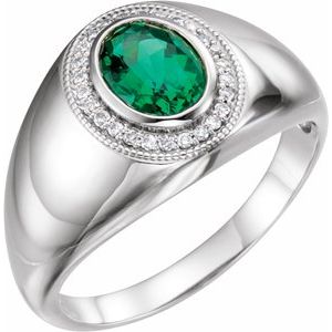 14K White Chatham® Lab-Created Emerald & 1/8 CTW Diamond Halo-Style Ring - Siddiqui Jewelers