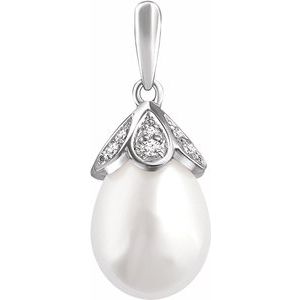 14K White Freshwater Cultured Pearl & 1/8 CTW Diamond Pendant - Siddiqui Jewelers