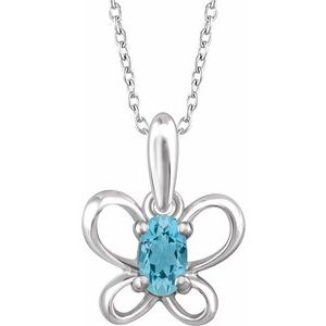 Sterling Silver 4x3 mm Oval March Youth Butterfly Birthstone 15" Necklace - Siddiqui Jewelers