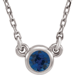 14K White 3 mm Round Chatham® Lab-Created Blue Sapphire Bezel-Set Solitaire 16" Necklace - Siddiqui Jewelers