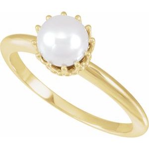 14K Yellow Cultured White Freshwater Pearl Crown Ring