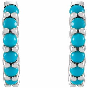 14K White Natural Turquoise Cabochon Hinged 12.2 mm Hoop Earrings