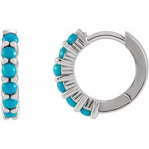 14K White Natural Turquoise Cabochon Hinged 12.2 mm Hoop Earrings