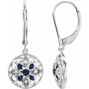 14K White Natural Blue Sapphire & .07 CTW Natural Diamond Earrings