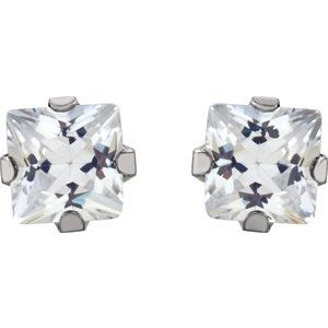 14K White 3 mm Square Imitation White Cubic Zirconia Piercing Stud Earrings