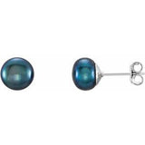 Sterling Silver 7-8 mm Cultured Black Freshwater Button Pearl Earrings