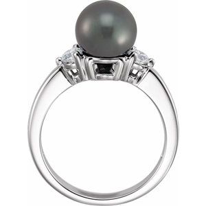 14K White Cultured Black Akoya Pearl & 1/4 CTW Natural Diamond Ring