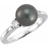 14K White Cultured Black Akoya Pearl & 1/4 CTW Natural Diamond Ring