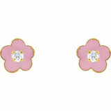 14K Yellow 2 mm Imitation White Cubic Zirconia & Pink Enamel Flower Youth Earrings