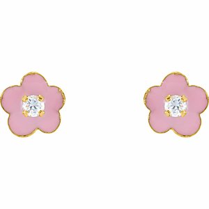 14K Yellow 2 mm Imitation White Cubic Zirconia & Pink Enamel Flower Youth Earrings