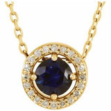 14K Yellow Natural Blue Sapphire & .05 CTW Natural Diamond Halo-Style 16" Necklace
