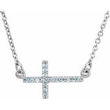 14K White Natural Aquamarine Sideways Cross 16-18" Necklace