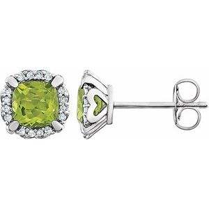 14K White Natural Peridot & 1/10 CTW Natural Diamond Earrings
