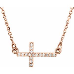 14K Rose .07 CTW Natural Diamond Sideways Cross 16-18" Necklace