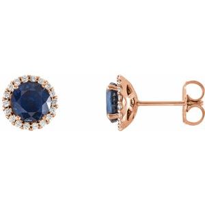 14K Rose 4 mm Natural Blue Sapphire & 1/10 CTW Natural Diamond Earrings