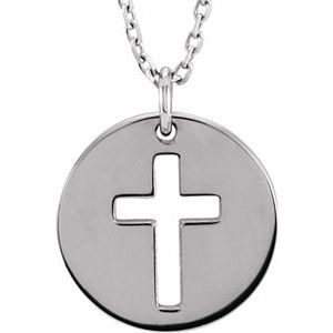 14K White Pierced Cross Disc 16-18" Necklace
