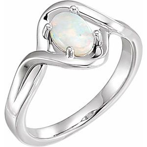14K White Natural Opal Cabochon Ring