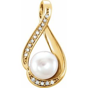 14K Yellow Cultured White Freshwater Pearl & .03 CTW Natural Diamond Pendant