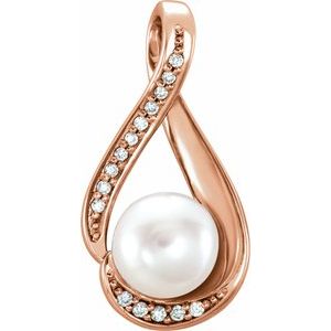 14K Rose Cultured White Freshwater Pearl & .03 CTW Natural Diamond Pendant