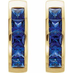 14K Yellow Lab-Grown Blue Sapphire Hoop Earrings