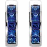 14K White Lab-Grown Blue Sapphire Hoop Earrings