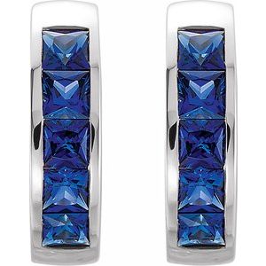 14K White Lab-Grown Blue Sapphire Hoop Earrings