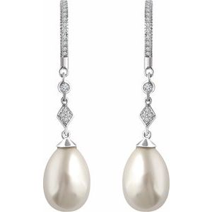14K White Cultured White Freshwater Pearl & 1/6 CTW Natural Diamond Earrings