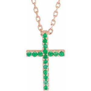 14K Rose Natural Emerald Petite Cross 16" Necklace