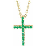 14K Yellow Natural Emerald Petite Cross 16" Necklace