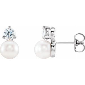 Sterling Silver Cultured White Freshwater Pearl & 1/2 CTW Natural Diamond Earrings