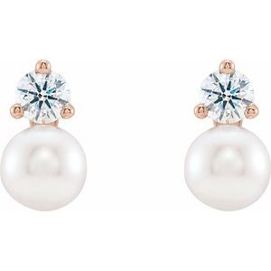 14K Rose Cultured White Freshwater Pearl & 1/2 CTW Natural Diamond Earrings