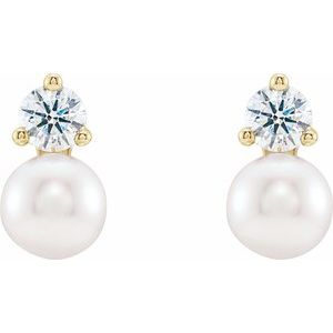 14K Yellow Cultured White Freshwater Pearl & 1/2 CTW Natural Diamond Earrings