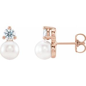 14K Rose Cultured White Freshwater Pearl & 1/2 CTW Natural Diamond Earrings