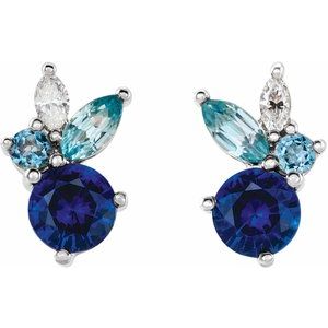 Platinum Natural Blue Sapphire, Natural Aquamarine, Natural Blue Zircon & .07 CTW Natural Diamond Earrings