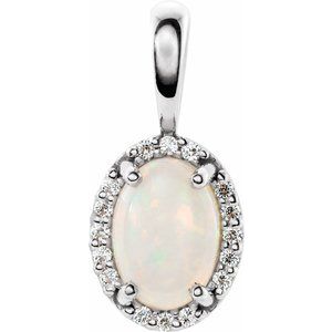 14K White Natural White Opal & .04 CTW Natural Diamond Halo-Style Pendant