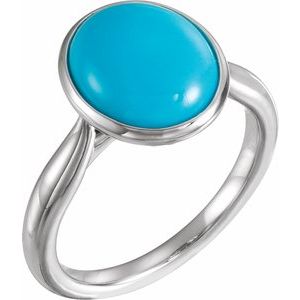 14K White 12x10 mm Natural Turquoise Cabochon Ring