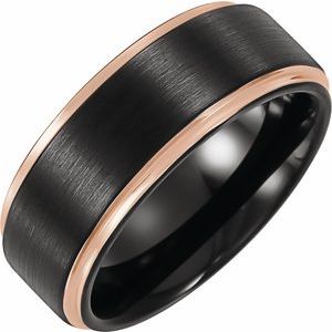 18K Rose Gold PVD & Black PVD Tungsten 8 mm Stepped-Edge Comfort-Fit Flat Band Size 10.5