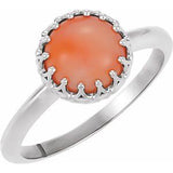 14K White 6 mm Natural Pink Coral Crown Cabochon Ring