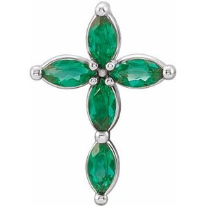14K White Lab-Grown Emerald Cross Pendant