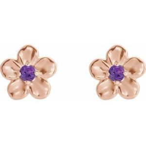 14K Rose Imitation Amethyst Febuary Birthstone Flower Earrings