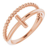 14K Rose Negative Space & Beaded Cross Ring