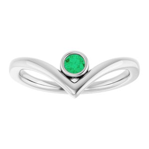 14K White Lab-Grown Emerald Bezel-Set V Ring