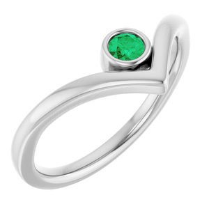 14K White Lab-Grown Emerald Bezel-Set V Ring